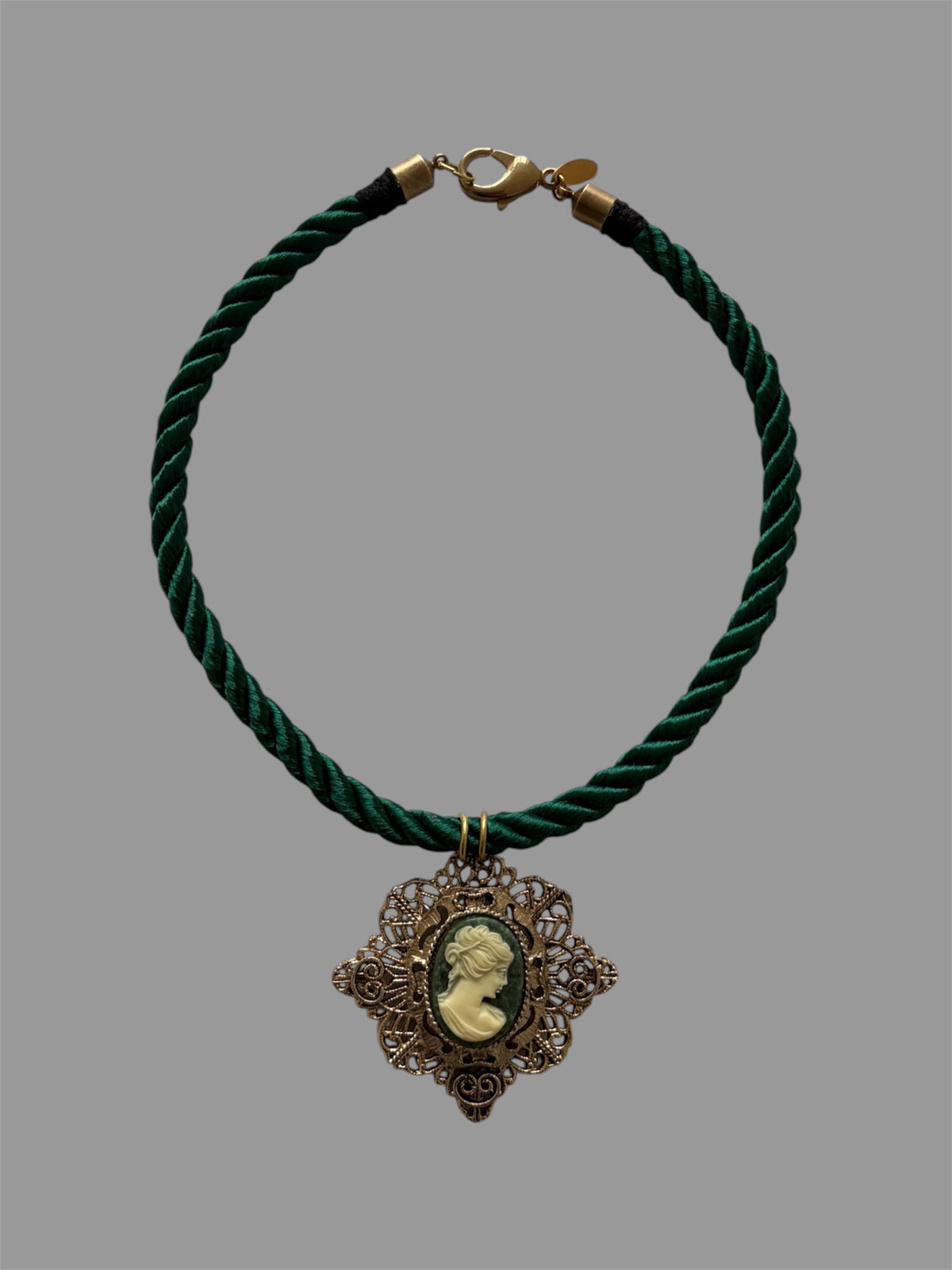 Victorian Filigree Green Cameo on a Rope Necklace