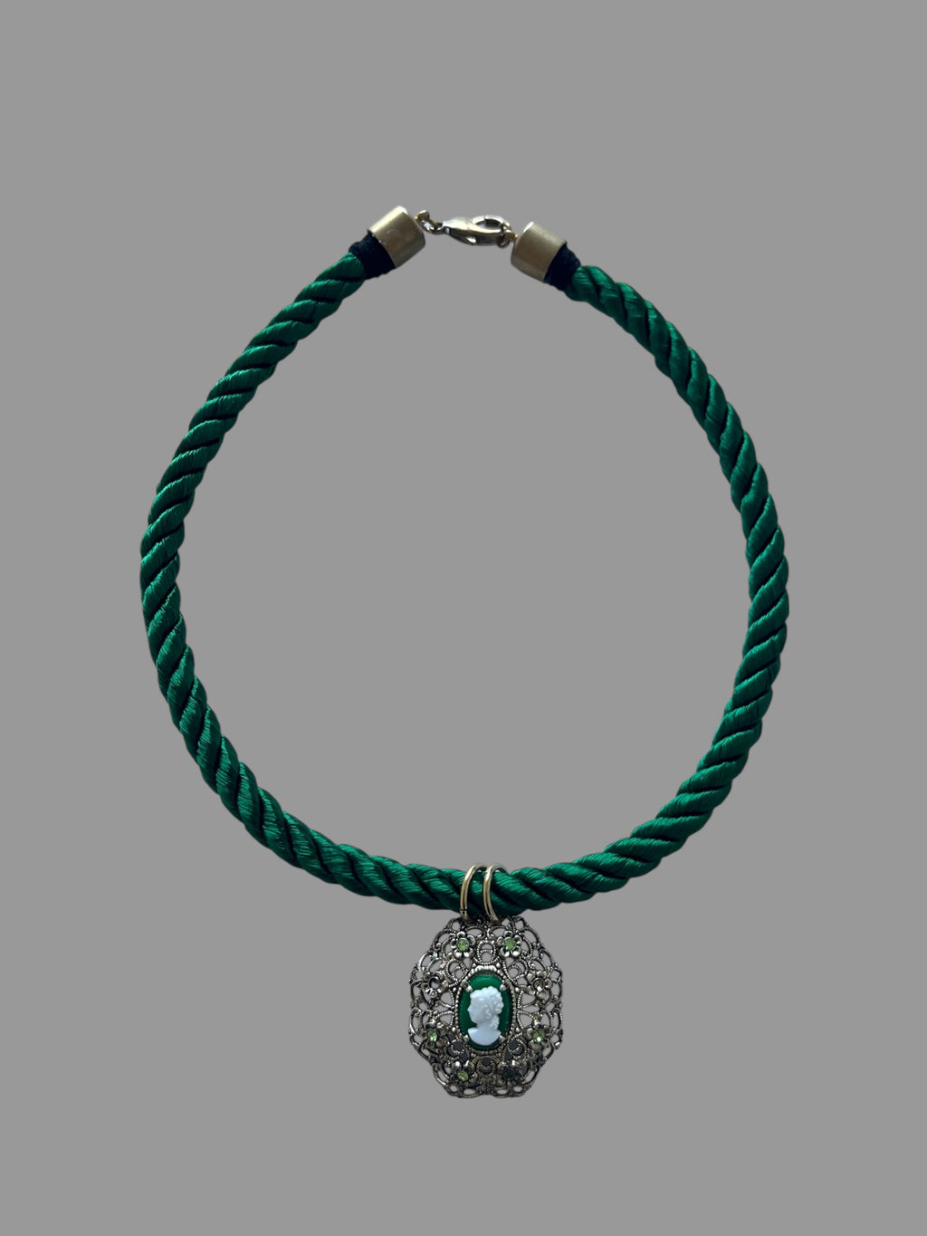 Green Cameo On a Rope Necklace
