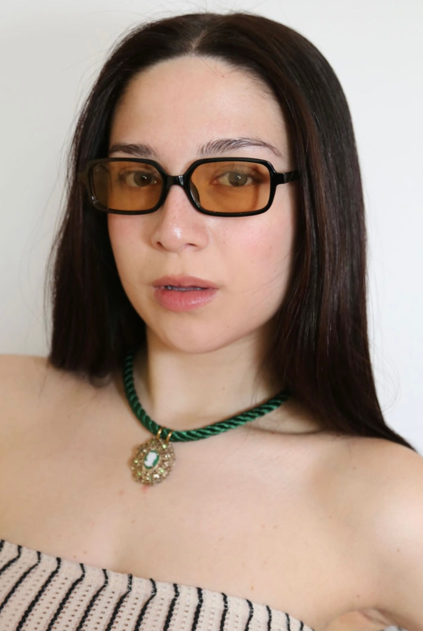 Green Cameo On a Rope Necklace