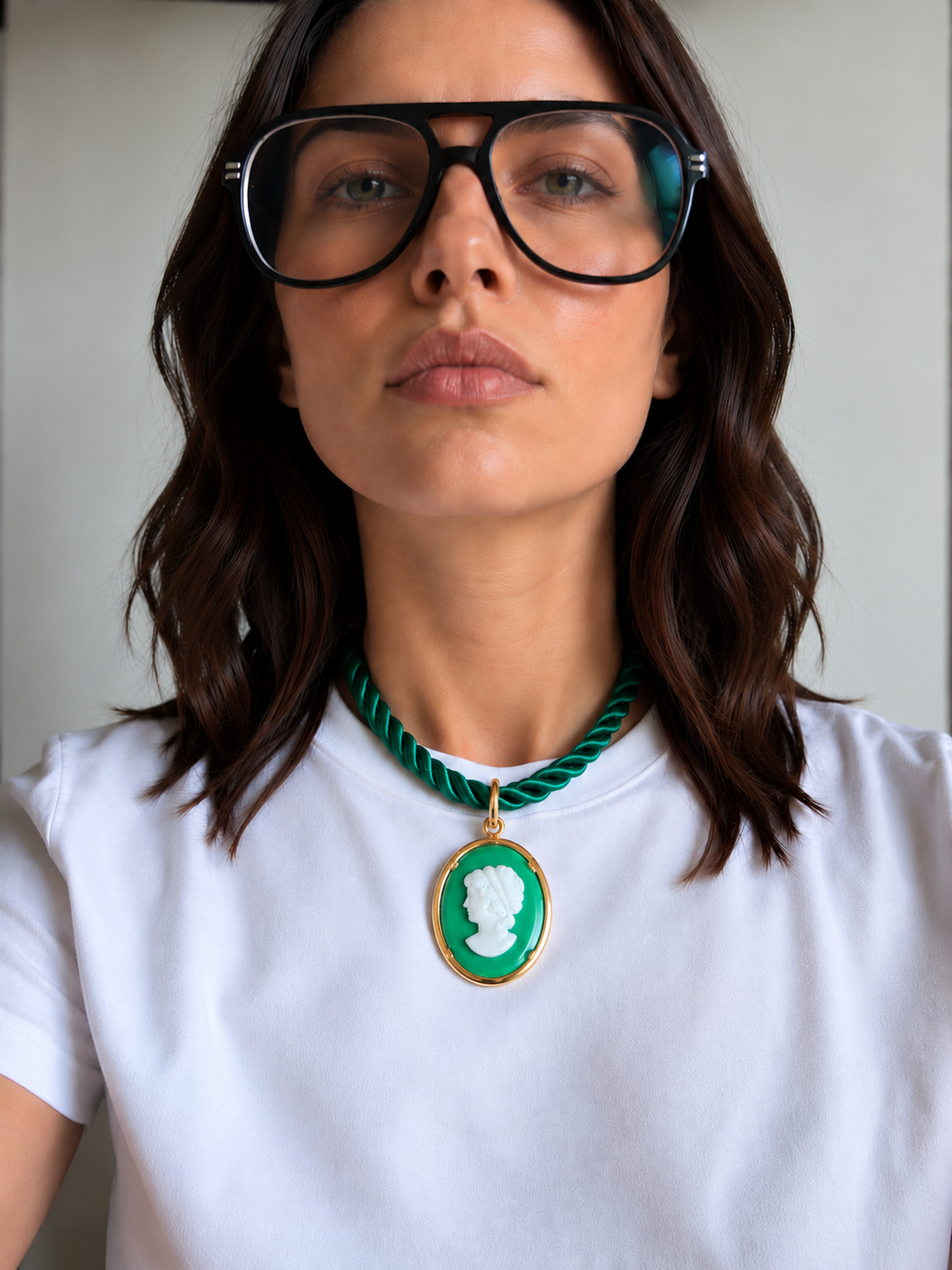 Forest Green Rope Cameo Necklace